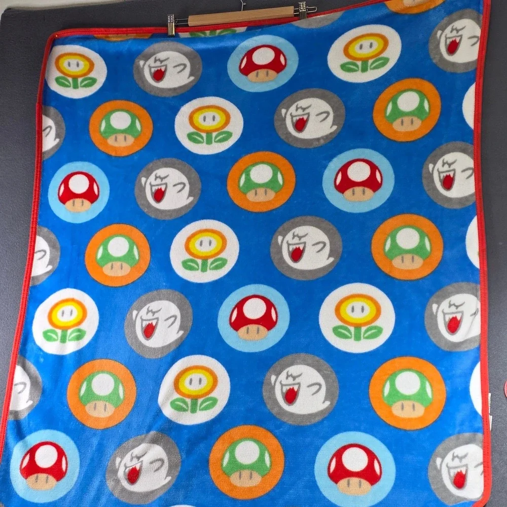 Super Mario Bros Fleece Throw Blanket Blue Boo Mushroom Fire Flower